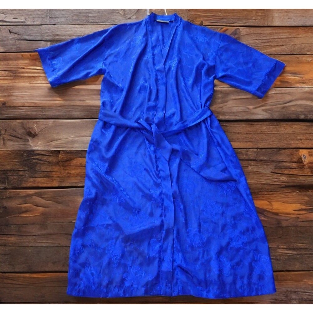 Erika Taylor Intimates Satin Sz Large Royal Blue Long Kimono Robe Pockets & Tie